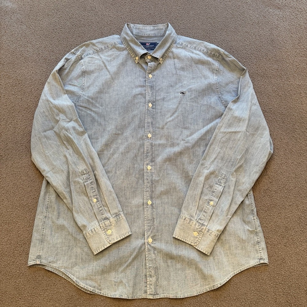 Vineyard Vines Whale Blue Chambray Classic Fit Button Down Cotton Men's XL